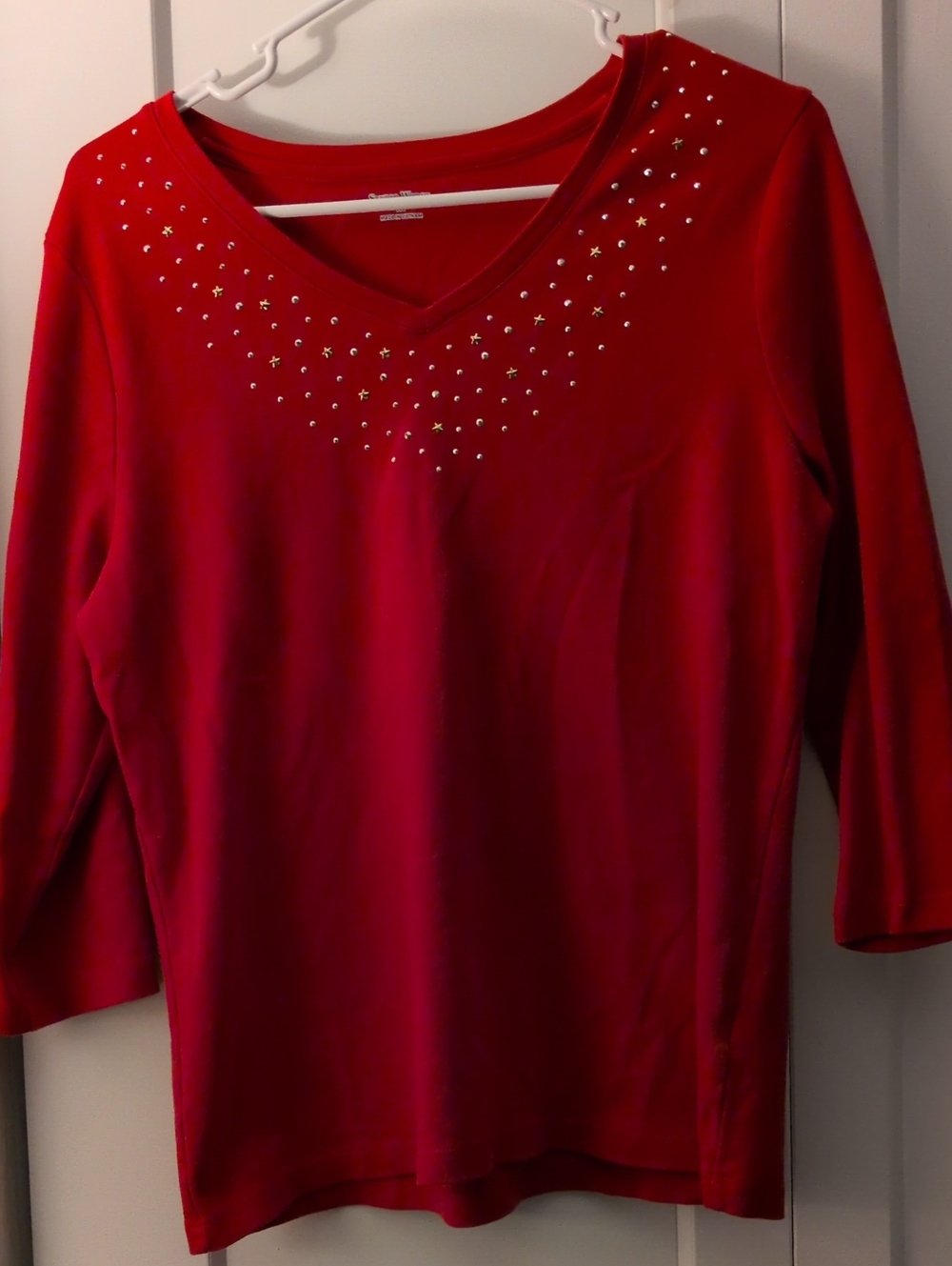 Studio Works Red V-Neck 3/4 Long Sleeve Top with Stud Accents